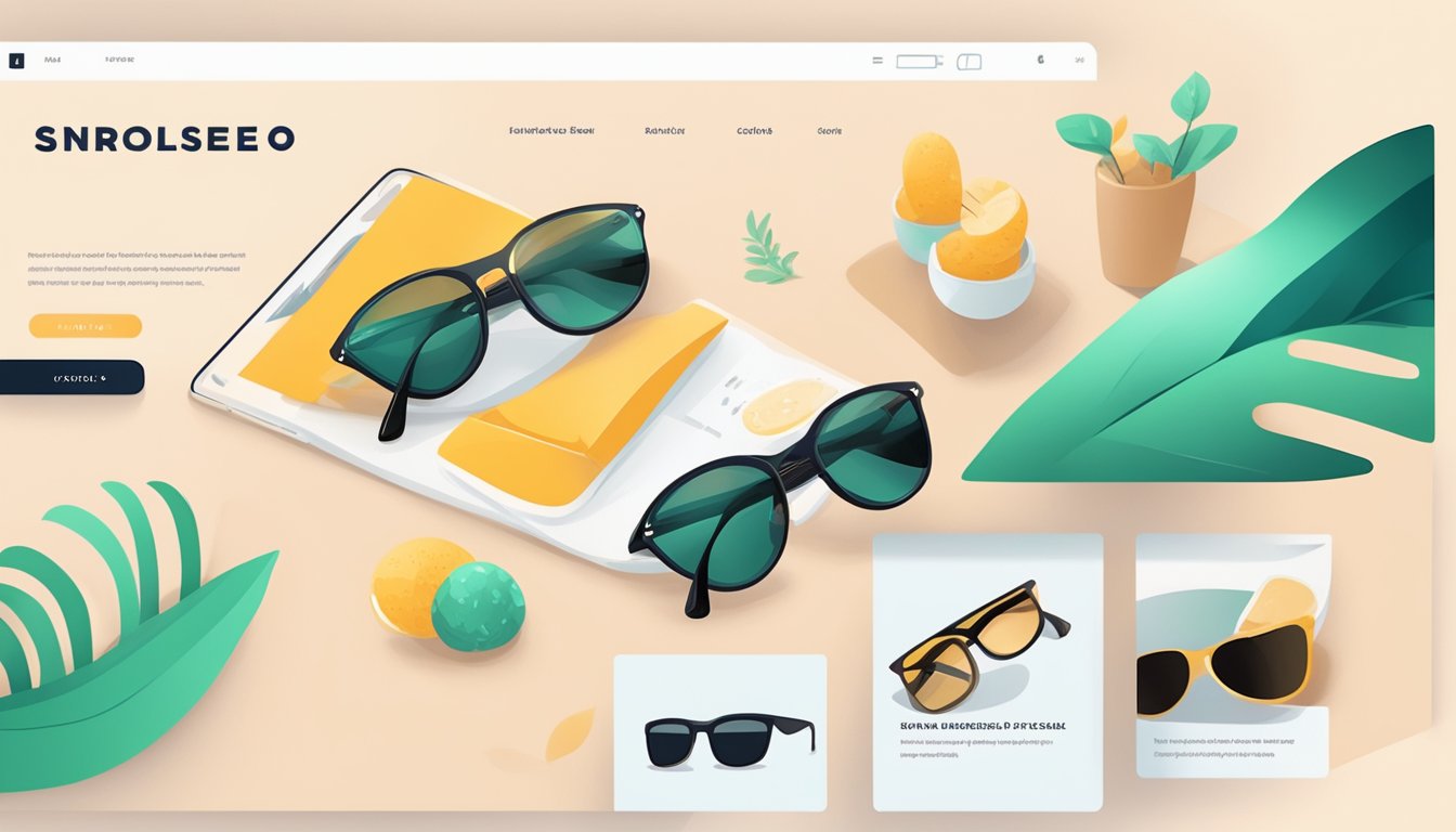 A hand reaches for a pair of sunglasses displayed on a sleek, modern website. Various styles and colors are shown on the screen, with easy-to-use filters for finding the perfect pair