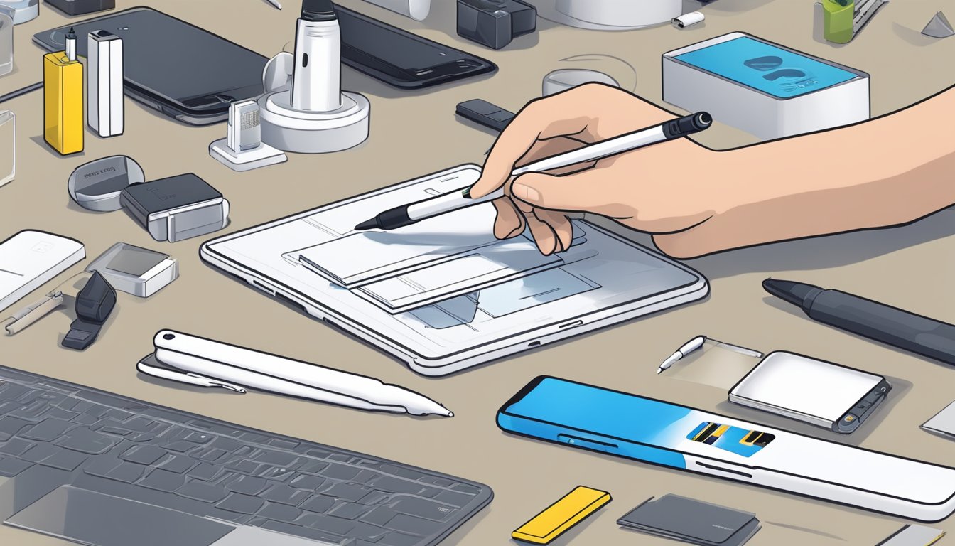 A hand reaching for a new S Pen replacement in a Best Buy store, surrounded by various options and packaging