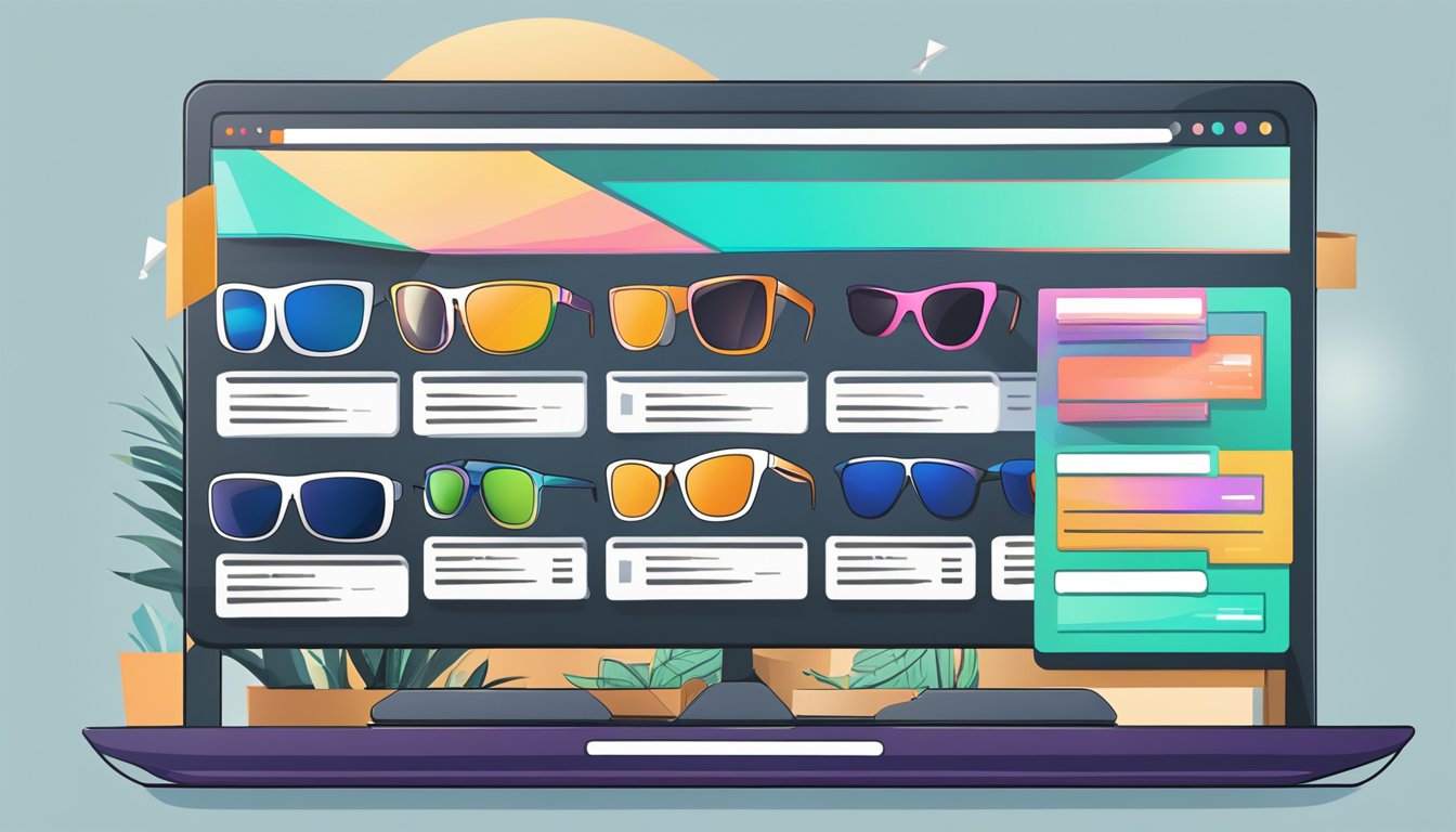 A computer screen displaying a website with a variety of sunglasses. A cursor clicking on a pair and adding it to the virtual shopping cart