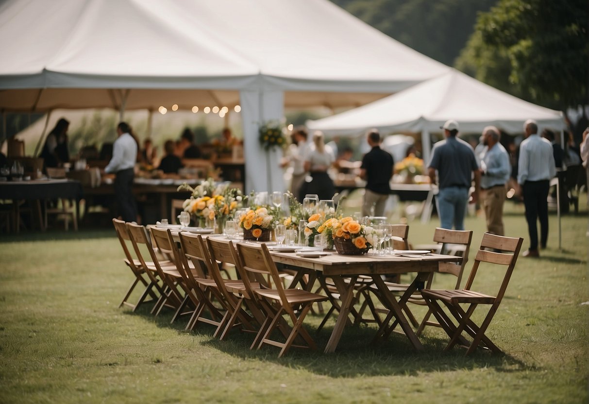 Vendors set up tents, tables, and chairs on a grassy field. A planner arranges flowers and decor while discussing logistics with the caterer and musicians