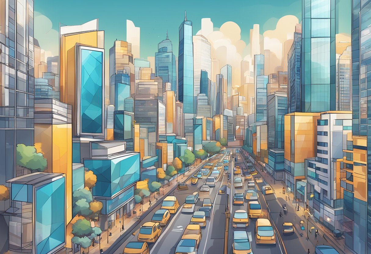 A bustling cityscape with skyscrapers and digital billboards, showcasing the top 50 Centennial SEO companies for 2024