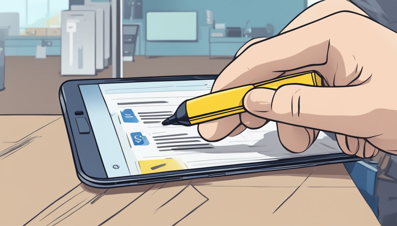 A hand reaching for a new S Pen replacement at a Best Buy store, with a "Frequently Asked Questions" note nearby