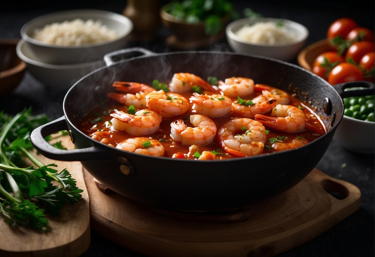 Shrimp simmering in vibrant red tomato sauce, surrounded by aromatic garlic, ginger, and scallions in a sizzling wok