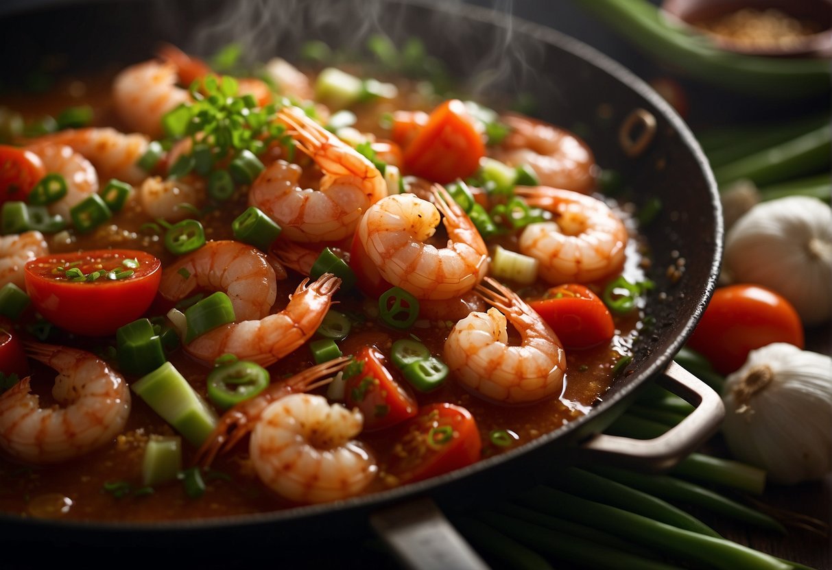 A wok sizzles as shrimp and tomatoes simmer in savory sauce, surrounded by garlic, ginger, and green onions