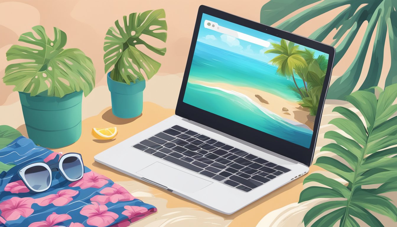 A laptop with a swimwear website open, surrounded by tropical plants and a beach towel