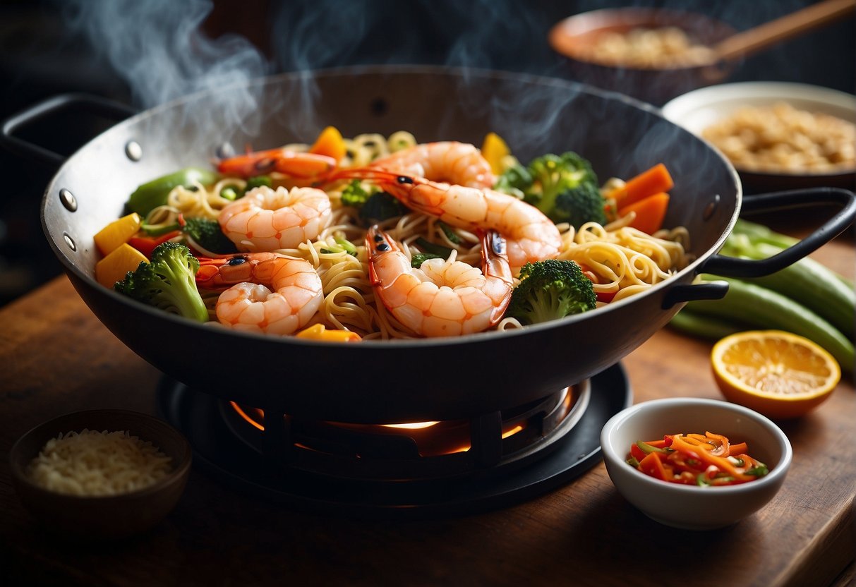 A steaming wok sizzles with stir-fried shrimp and noodles, surrounded by colorful vegetables and aromatic spices