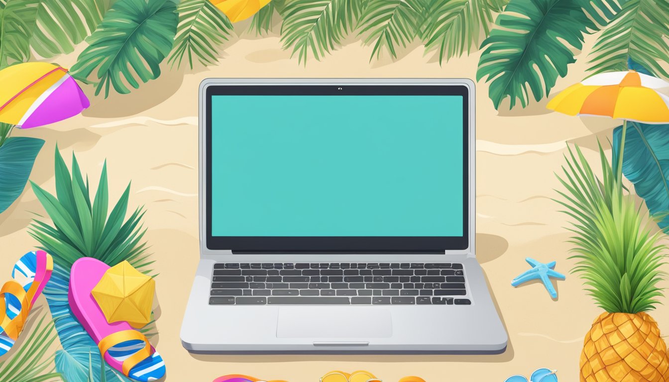 A laptop open on a tropical beach background, with a variety of colorful swimwear options displayed on the screen