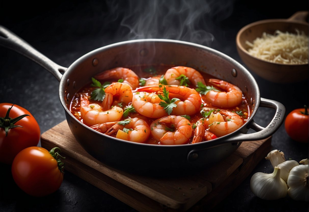 Tomato sauce simmering in a pot with shrimp, garlic, and ginger. Onions and bell peppers sizzling in a separate pan