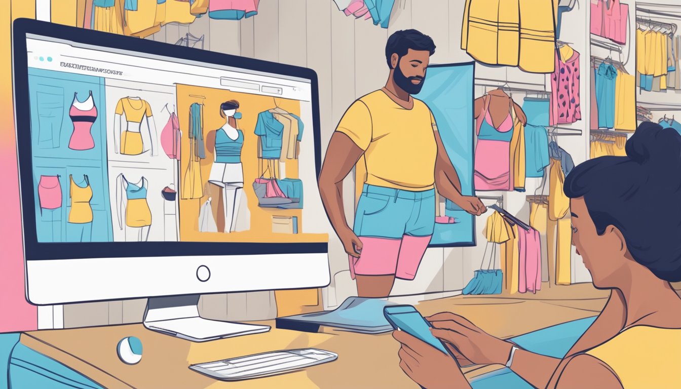 Customers browsing through an online swimwear store, clicking on product images, reading descriptions, and adding items to their virtual shopping cart
