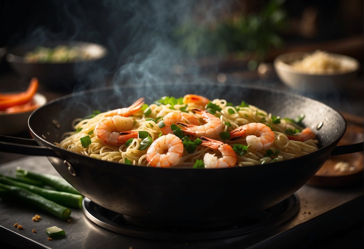 A steaming wok sizzles as shrimp and noodles are stir-fried with garlic, ginger, and soy sauce. Green onions and cilantro are sprinkled on top