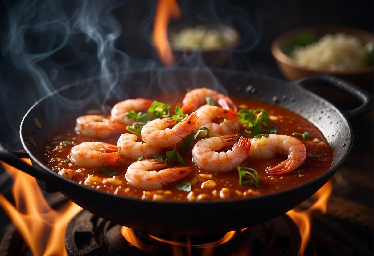 Shrimp simmering in rich tomato sauce, infused with Chinese spices. A wok sizzles over a flame, as the aroma of garlic and ginger fills the air