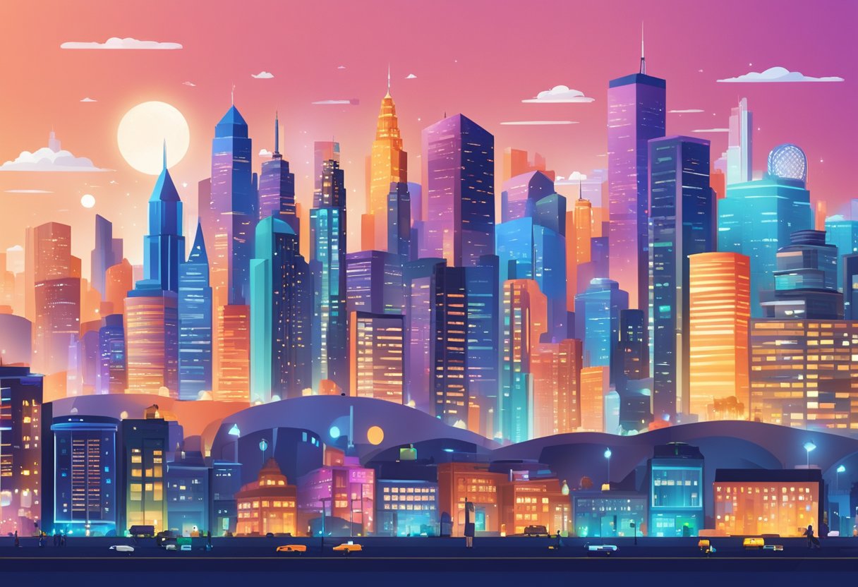 A bustling city skyline with 50 prominent buildings, each displaying the logo of a top SEO company for 2024. Bright lights and digital billboards highlight the importance of SEO in the modern business world