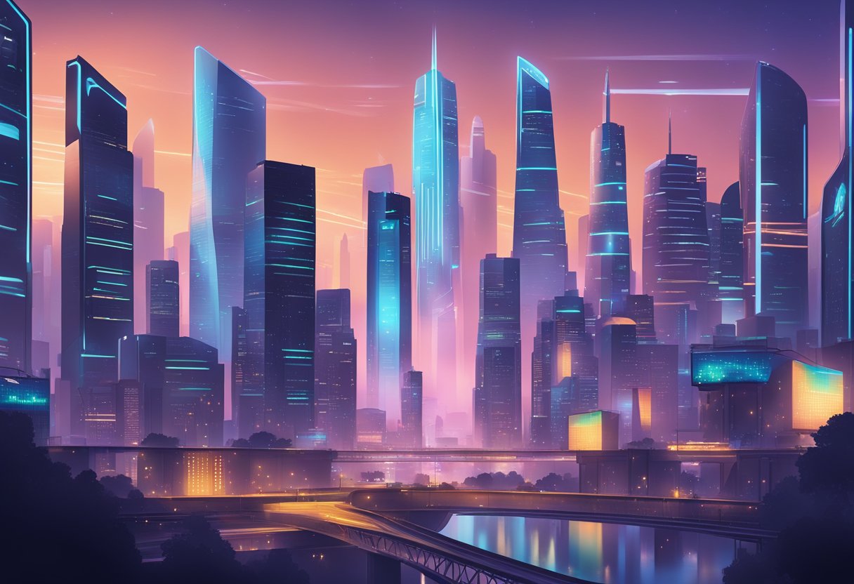 A futuristic city skyline with glowing skyscrapers and digital billboards, showcasing the top 50 Centennial SEO companies for 2024