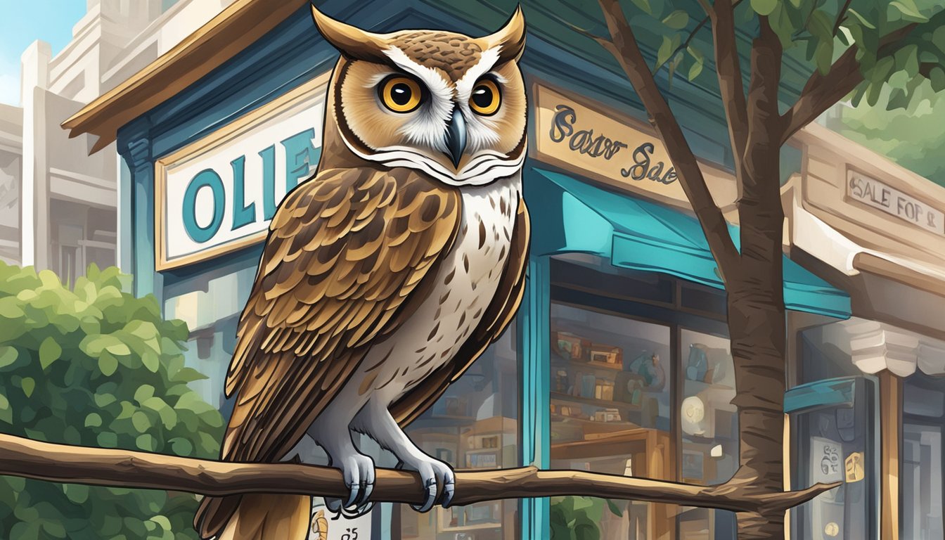 An owl perched on a tree branch outside a shop with a sign "Owl for Sale" in Singapore