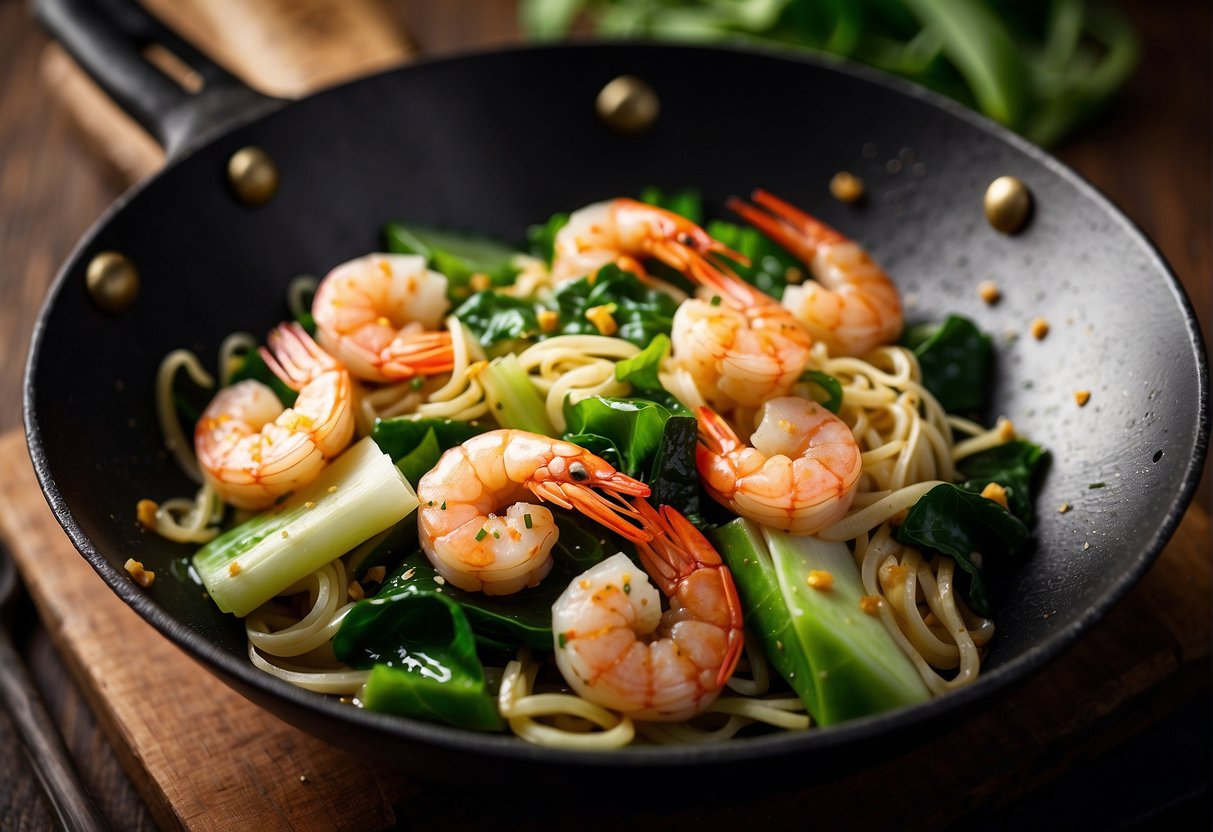 A wok sizzles with shrimp, bok choy, and noodles in a fragrant garlic and ginger sauce. A sprinkle of sesame seeds and green onions adds the finishing touch