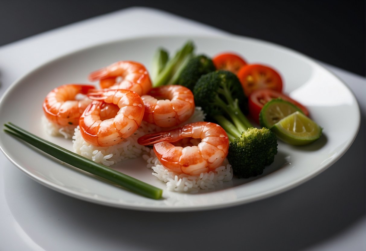 Shrimp in tomato sauce served on a white ceramic plate with chopsticks and a side of steamed vegetables