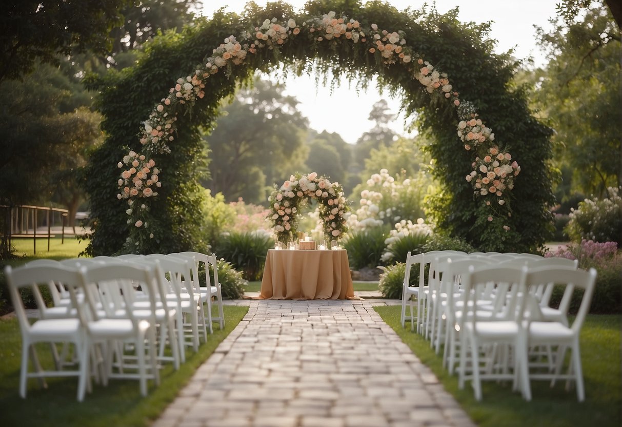 A serene garden setting with tables, chairs, and a beautiful arch adorned with flowers. A couple is rehearsing their vows while a planner oversees the setup