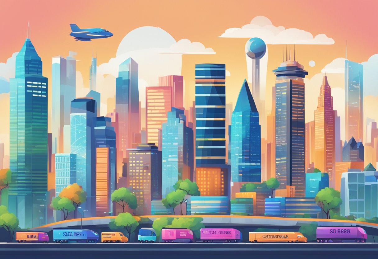 A bustling city skyline with prominent SEO company logos in bold colors and futuristic fonts. The buildings are sleek and modern, with digital billboards displaying "Top 50 Centennial SEO Companies for 2024."
