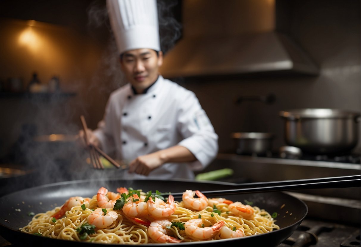 Shrimp and noodles sizzle in a hot wok, as the chef tosses them with chopsticks. A fragrant aroma of garlic, ginger, and soy sauce fills the air