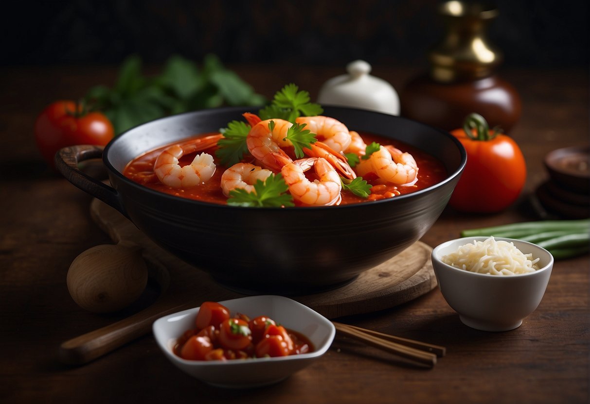 A bowl of shrimp in vibrant red tomato sauce, surrounded by traditional Chinese cooking ingredients and utensils