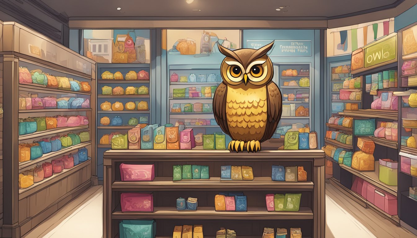 A display of owl merchandise in a Singapore store, with a sign "Frequently Asked Questions: where to buy owl in Singapore" prominently displayed