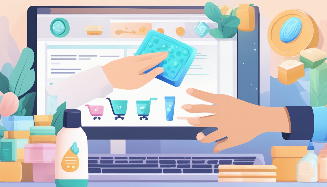A hand reaches out to click "add to cart" on a computer screen displaying various soap products. A confirmation email pops up on the screen