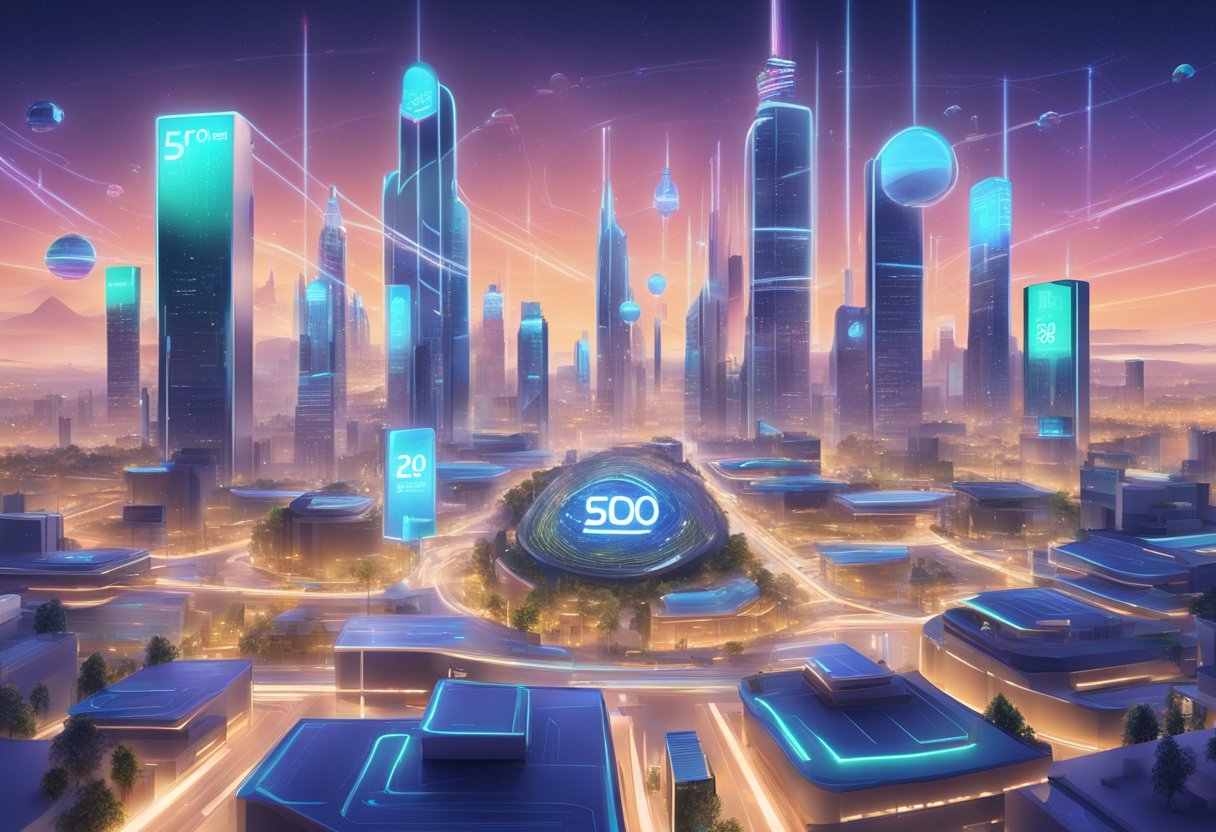A futuristic cityscape with holographic billboards displaying "Top 50 Centennial SEO Companies for 2024" in a bustling digital marketing hub