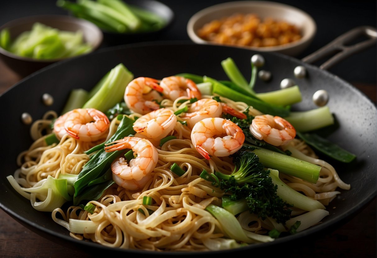 A wok sizzles as shrimp and noodles are stir-fried with soy sauce, garlic, and ginger. Bok choy and green onions are added for color and crunch