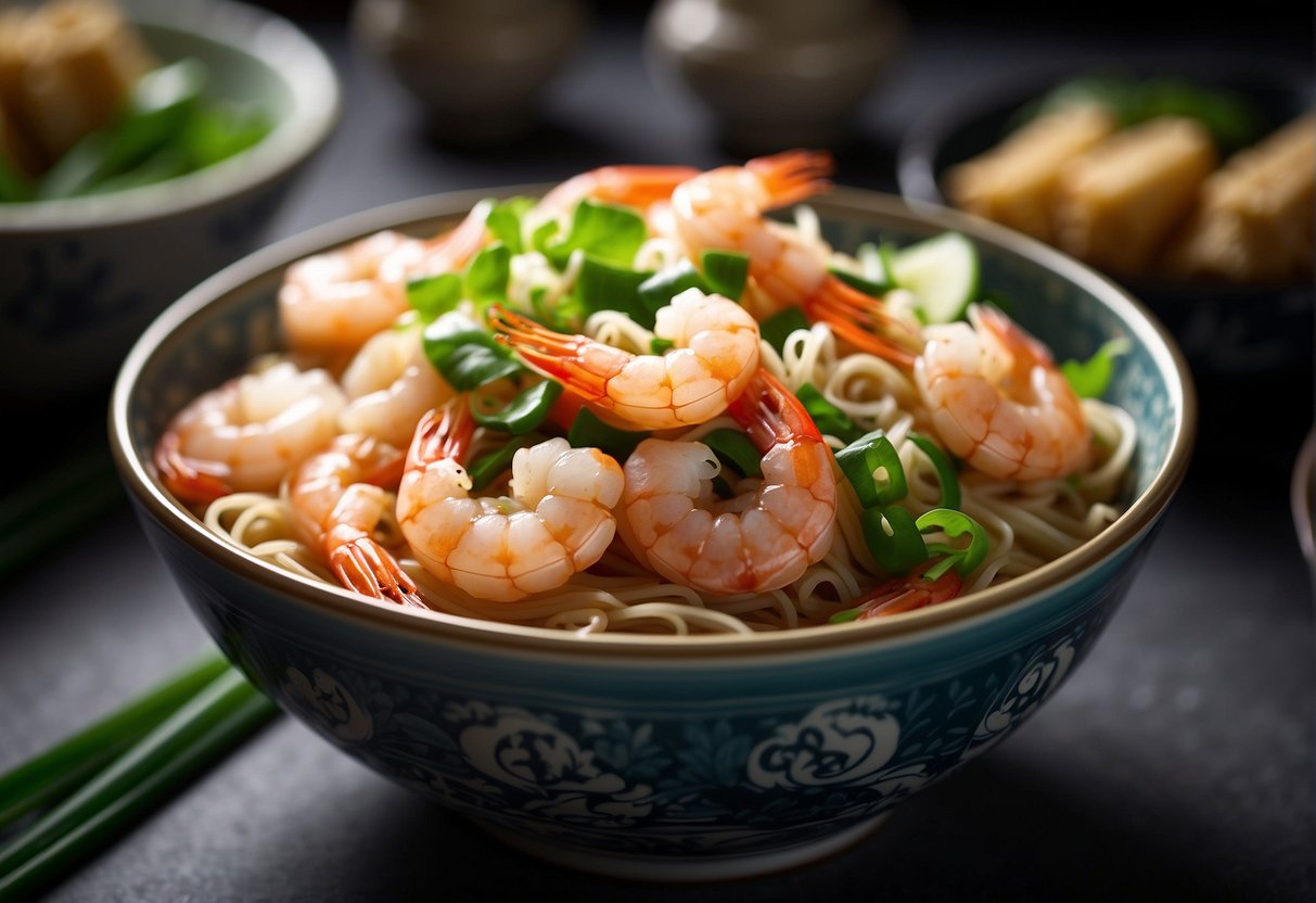 Shrimp noodles arranged in a traditional Chinese dish, garnished with fresh green onions and served in a decorative bowl