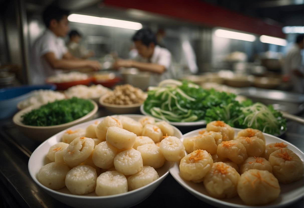 Vibrant ingredients like rice cakes, dumplings, and spring rolls fill a bustling Singaporean kitchen during Chinese New Year preparations