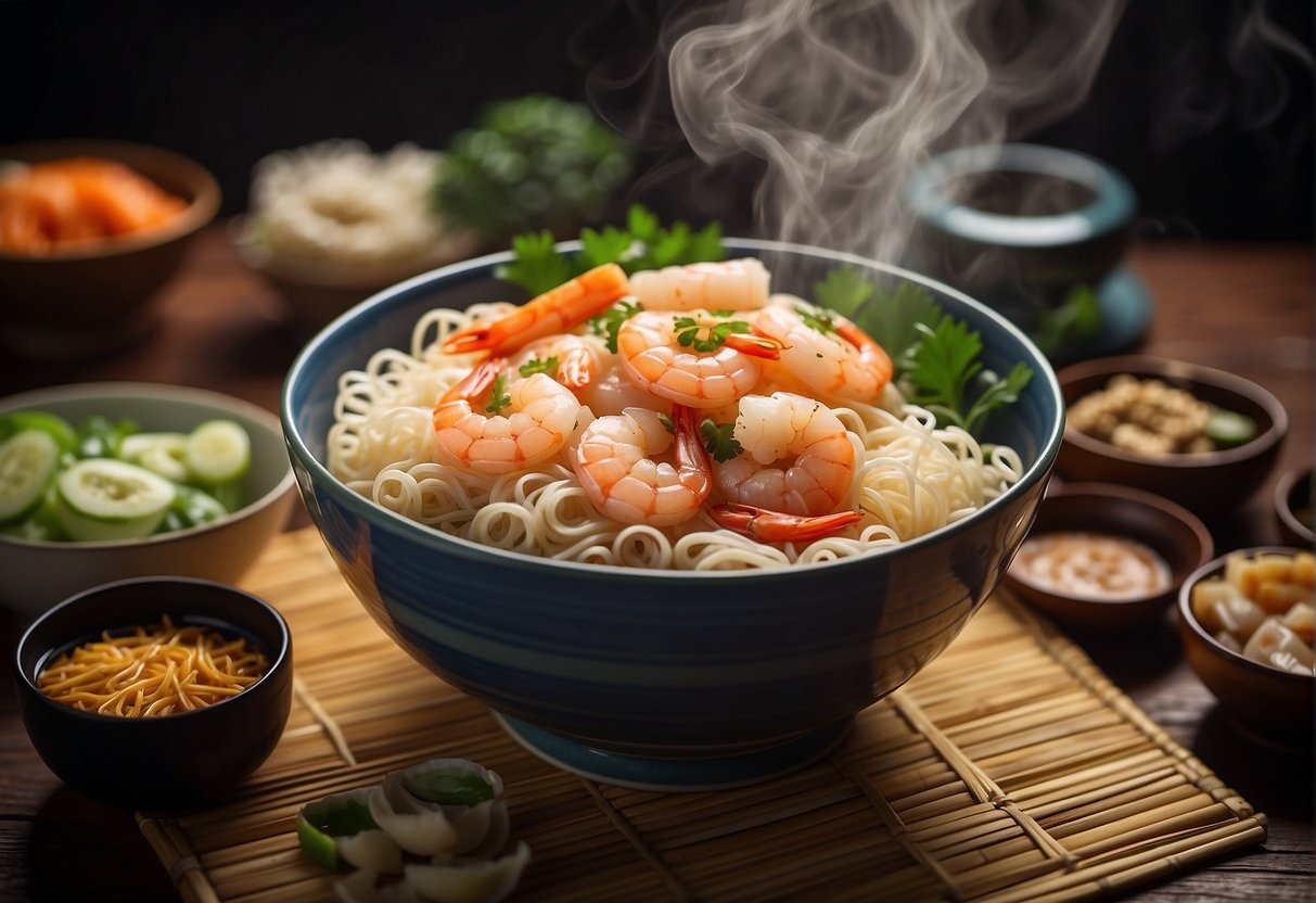 A bowl of steaming shrimp noodles with chopsticks on a bamboo mat, surrounded by various Chinese cooking ingredients and a recipe book