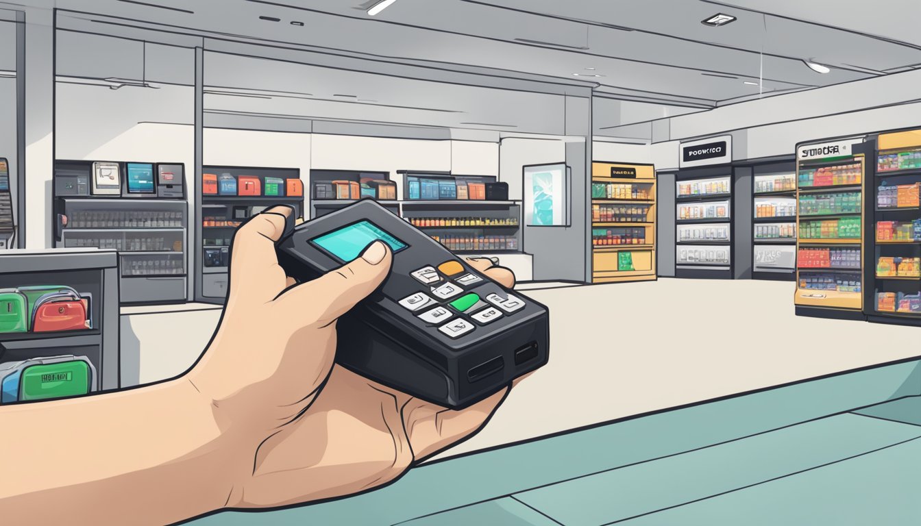 A hand reaching for a Trezor hardware wallet in a sleek, modern Singaporean electronics store