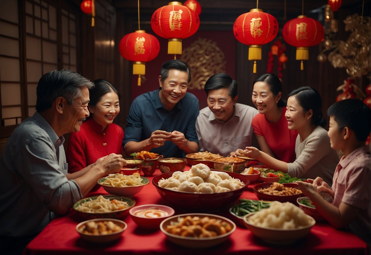 A family gathers around a table filled with traditional Chinese New Year dishes, including dumplings, fish, and noodles. Red lanterns hang in the background, symbolizing good luck and prosperity