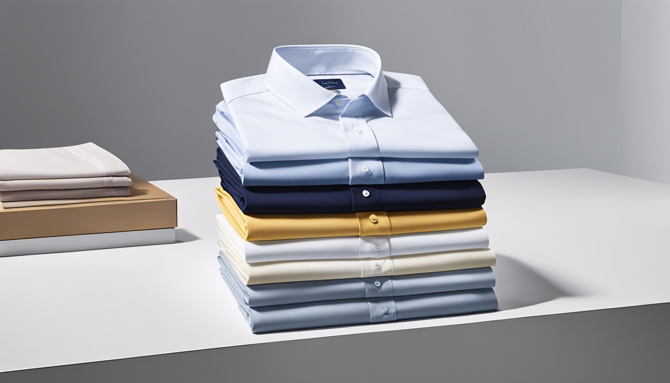 A crisp white TM Lewin shirt lies neatly folded in its packaging, surrounded by other neatly arranged shirts on a clean, minimalist display shelf