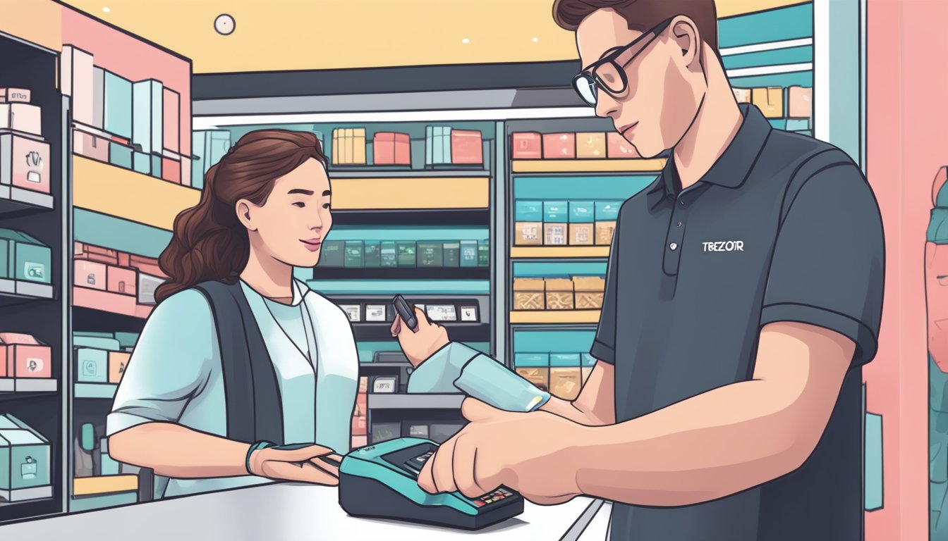 A hand reaches out to buy a Trezor in a sleek Singapore store