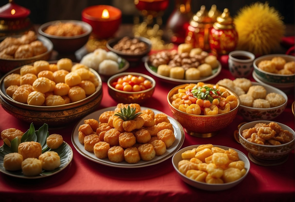 A table filled with traditional Singaporean Chinese New Year dishes, including pineapple tarts, bak kwa, and yu sheng. Red and gold decorations adorn the room