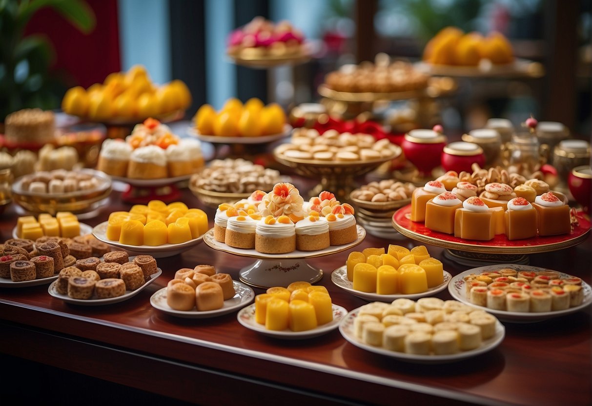 A table filled with colorful and intricate Chinese New Year desserts and sweet treats, showcasing the rich culinary traditions of Singapore