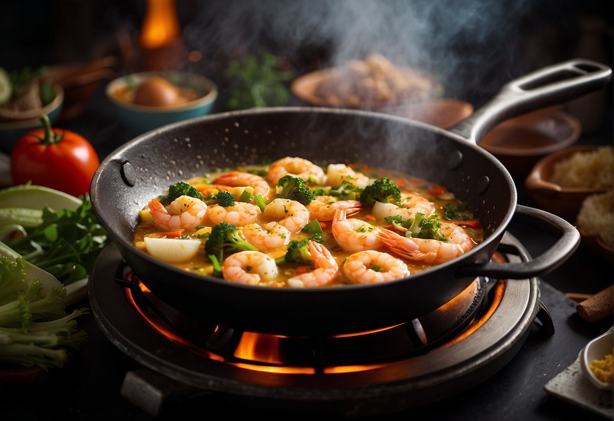 A sizzling hot pan with shrimp, eggs, and vegetables being cooked together for a traditional Chinese shrimp omelette
