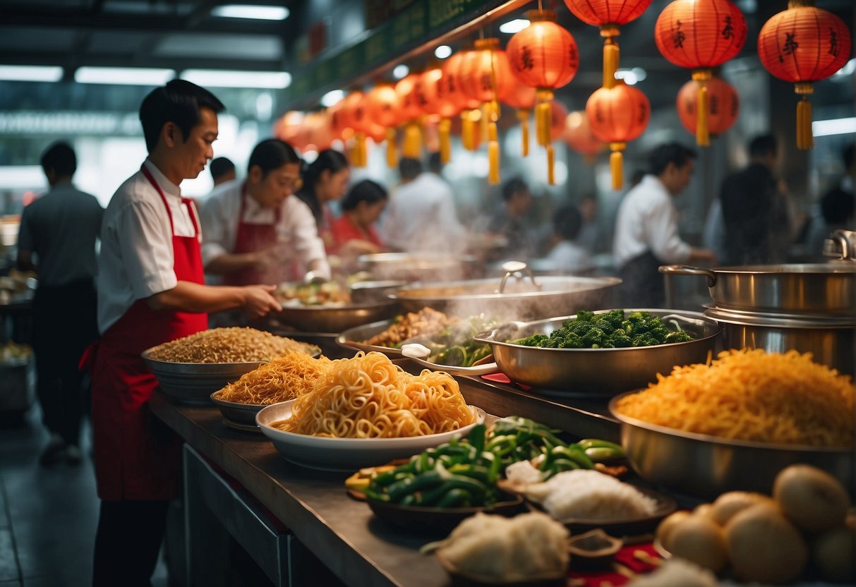 A bustling Singapore market features chefs blending traditional Chinese New Year flavors with modern twists