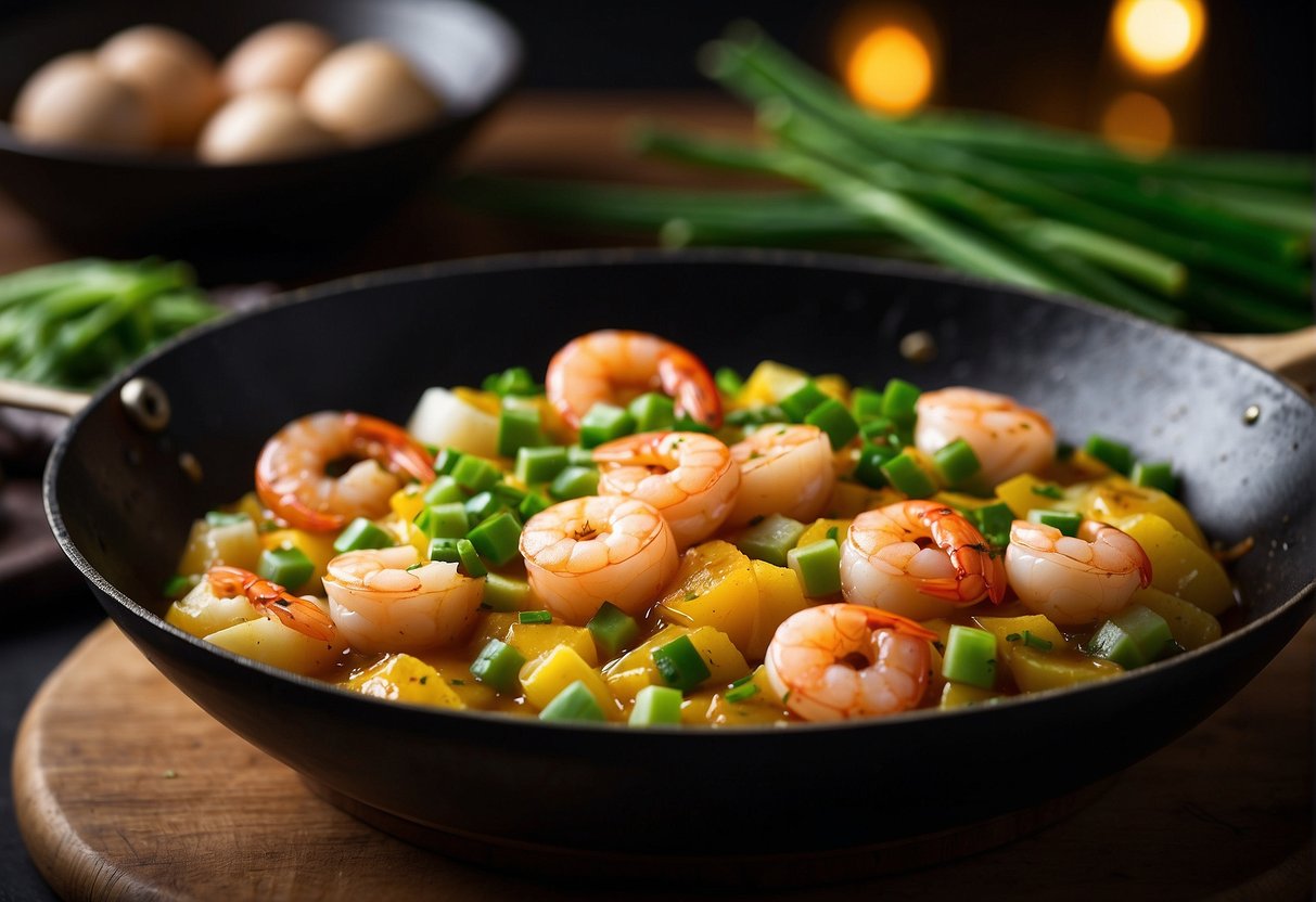 A wok sizzles with shrimp, eggs, and green onions for a Chinese shrimp omelette. Possible substitutions for shrimp include diced chicken or tofu