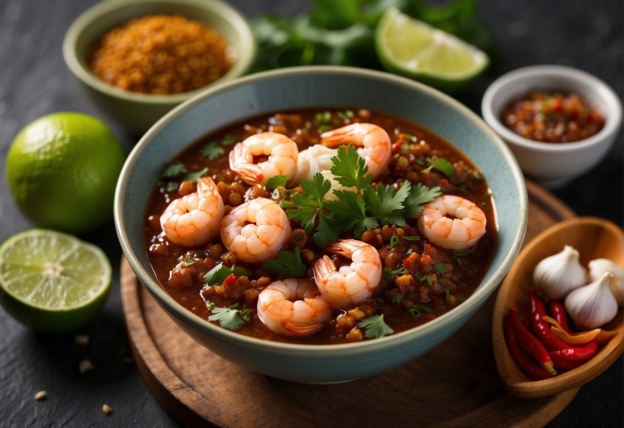 A bowl of shrimp paste mixed with garlic, chili, and lime, surrounded by ingredients like shrimp, ginger, and shallots