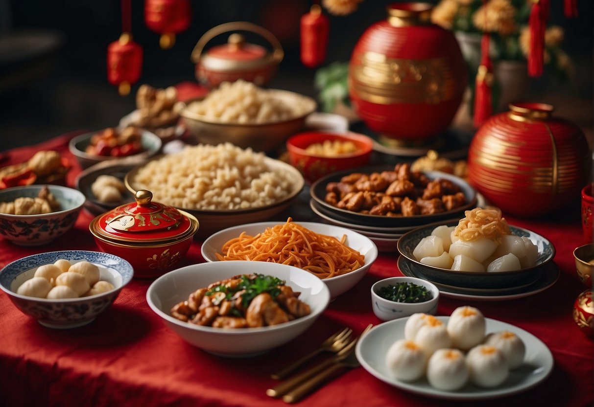 A table filled with traditional Chinese New Year dishes, surrounded by festive decorations and red lanterns