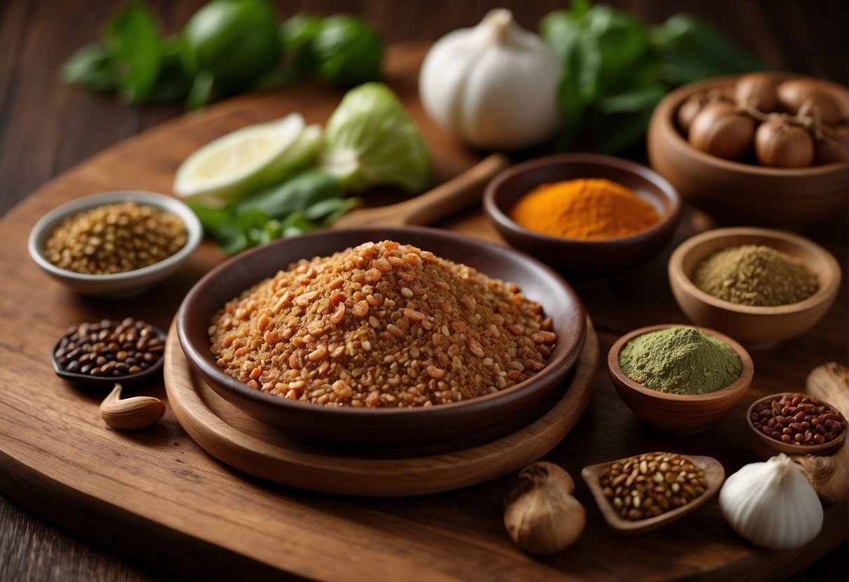 Shrimp paste ingredients arranged on a wooden cutting board with a mortar and pestle nearby. Spices, shrimp, and garlic are ready for preparation
