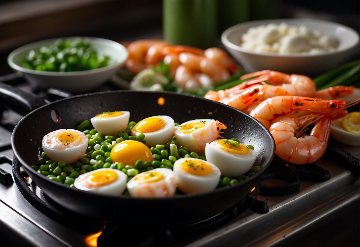 Fresh shrimp, beaten eggs, and diced scallions are arranged on a cutting board, while a wok sizzles with oil on a gas stove
