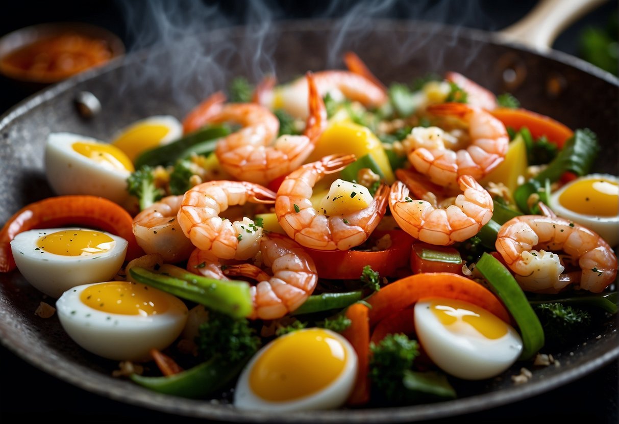 Shrimp and eggs sizzling in a hot wok, with vibrant vegetables and seasonings nearby