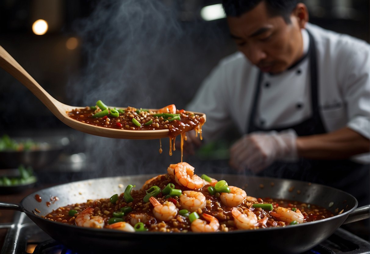 A wok sizzles with shrimp paste, garlic, and chili. A chef stirs in soy sauce and sugar, creating an aromatic, savory sauce