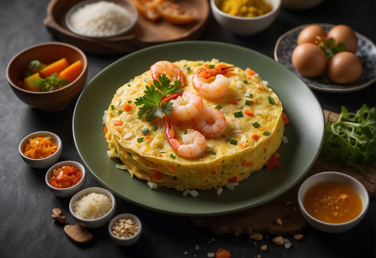 A plate with a shrimp omelette, surrounded by Chinese ingredients and a nutritional information label