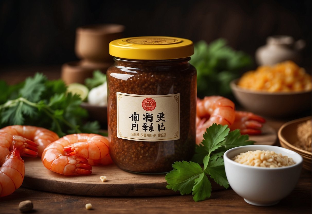 A jar of shrimp paste next to Chinese recipe ingredients and alternative substitutions