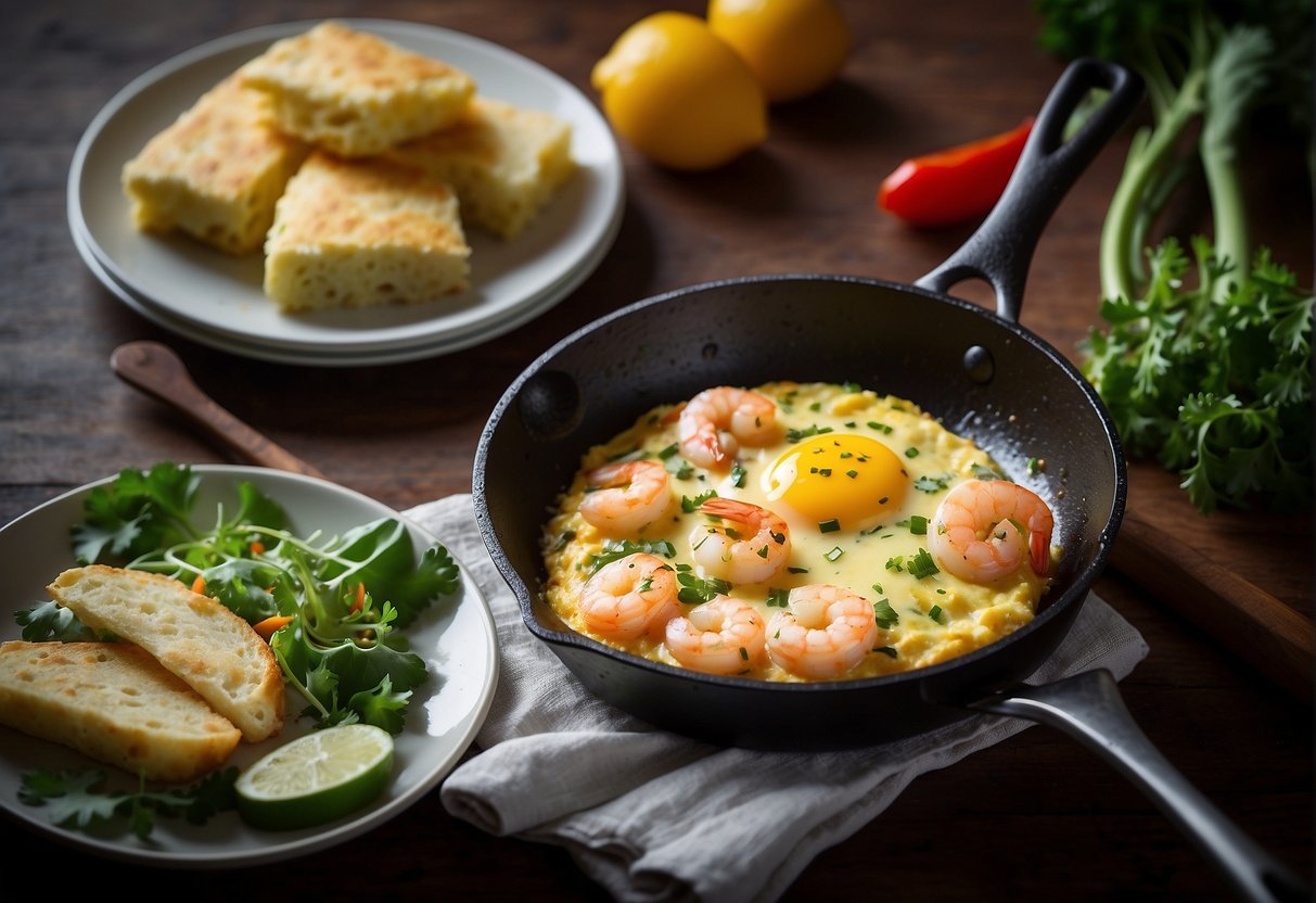 A sizzling hot skillet with a fluffy omelette filled with succulent shrimp and savory Chinese seasonings