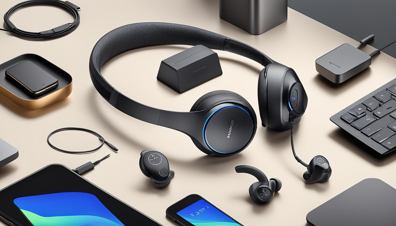 A sleek Plantronics Voyager 5200 headset sits on a display at Best Buy, surrounded by other electronic devices